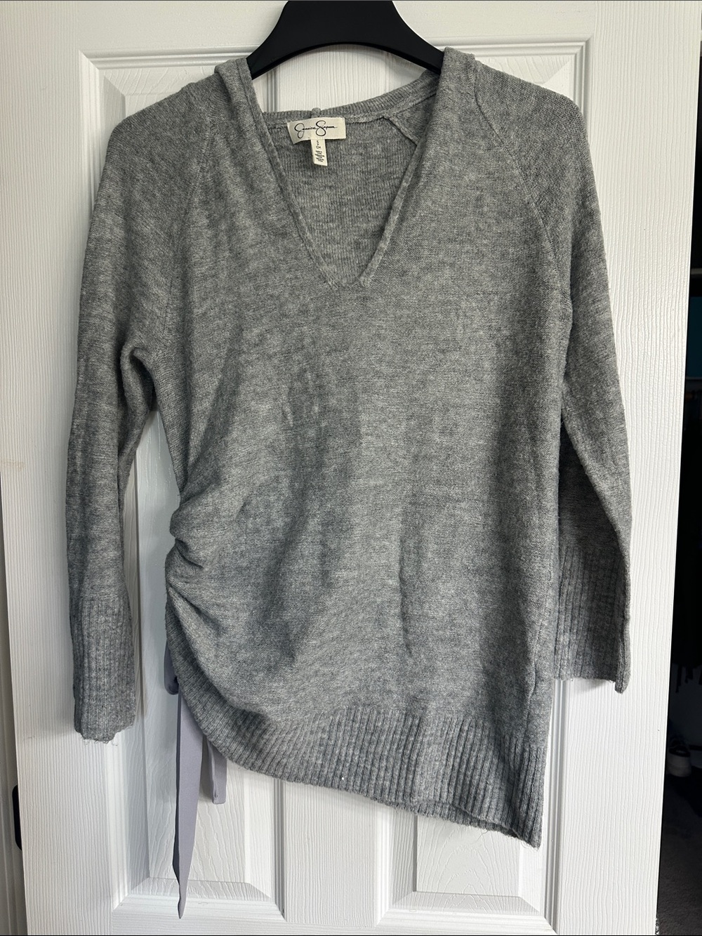 Jessica Simpson Heather Gray V-Neck Knit hoodie with side tie.